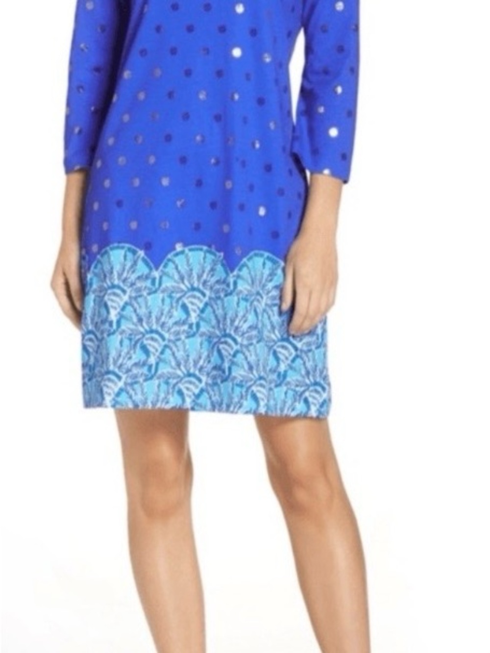 Lilly Pulitzer  Blue Bay Dress with Aqua Printed Hem and gold dots throughout